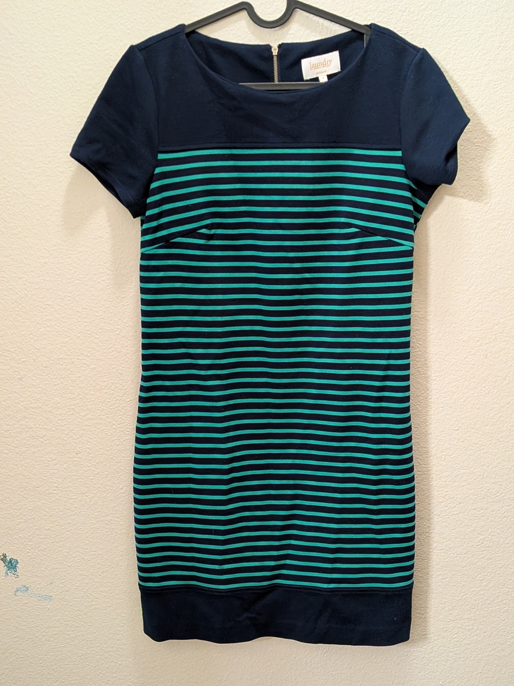 Laundry By Shelli Segal Navy and Teal Striped Short Sleeve Sheath Dress